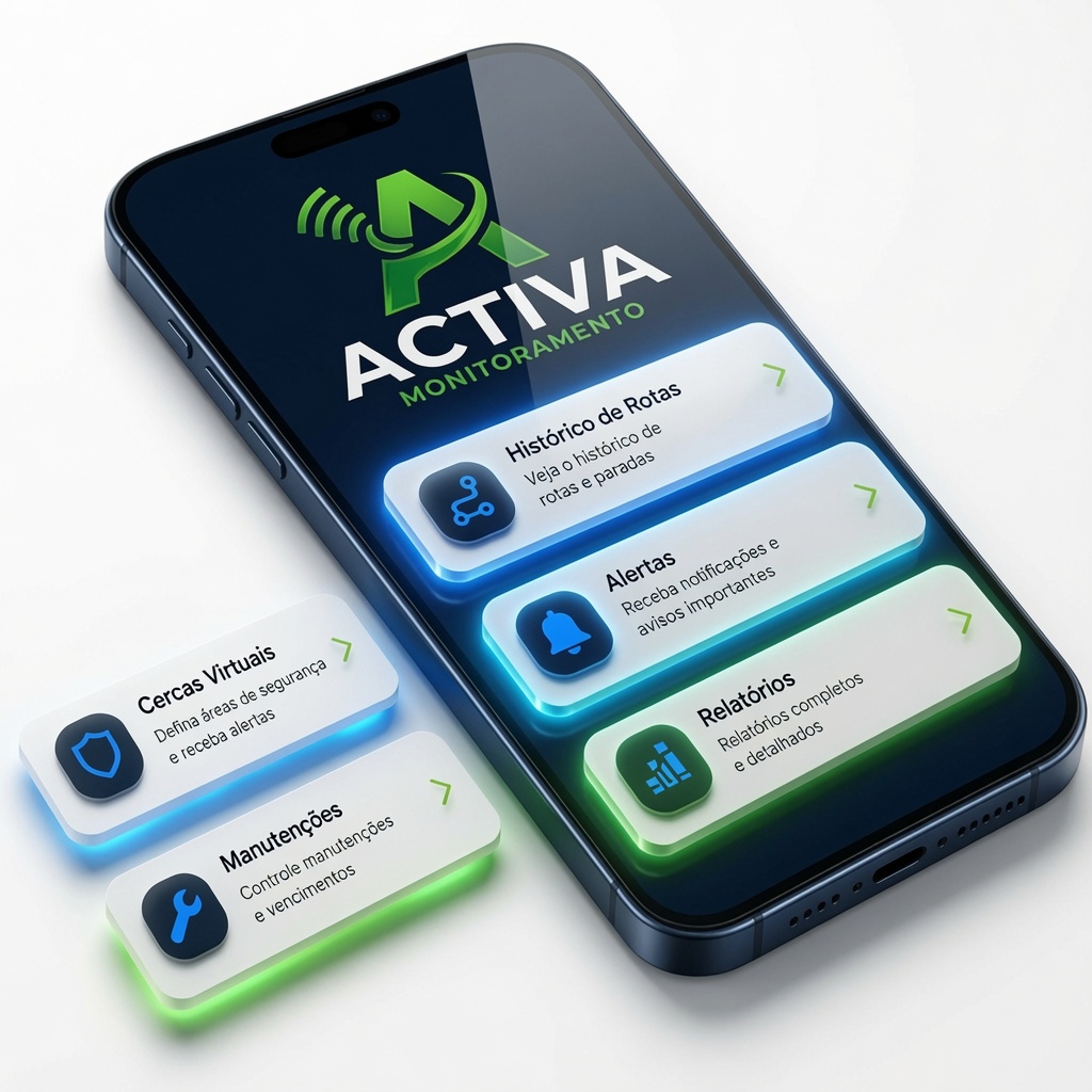 App Activa Monitoramento com localização, histórico de rotas, alertas, relatórios, cercas virtuais e manutenções